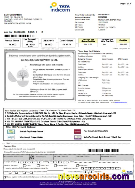 Tata Indicom mobile utility business bill, page 1
